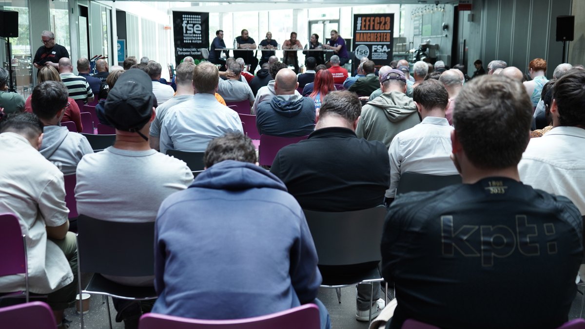 FansEurope's tweet image. ✖️⚽️ This afternoon at #EFFC23 saw the plenary on Multi-Club Ownership take place.  

🗣️@MenarySteve (journalist), Vincent Chutet-Mezence &amp;amp; Sébastien Bernard (@stadebauer), Carsten Sloth (@fanafdelingen), and @Niamh_OMahony (FSE).