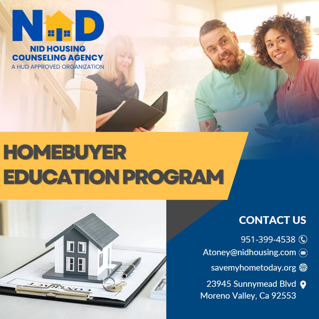 To take the first step towards homeownership visit savemyhometoday.org or call 951-399-4538 or email at Atoney@nidhousing.com for more information.

#RealEstateExpert #Homeownership #EducationProgram #FirstTimeHomebuyer #NIDHousing #DreamHome #FreeCounseling #MorenoValley