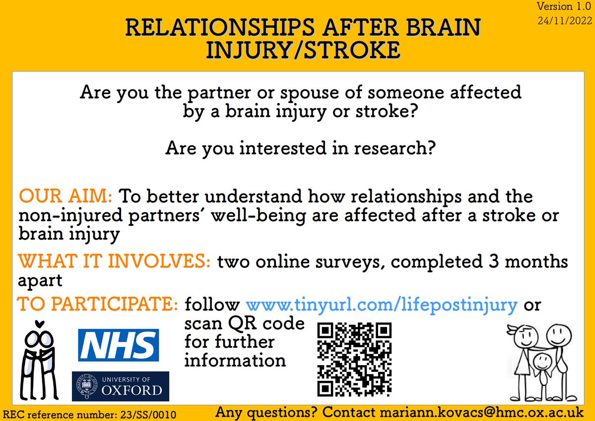 ❗️Research alert 🧠

If you are the partner or spouse of someone who has had a #braininjury or a #stroke, please consider taking our survey about how your relationship and your well-being has been affected.

#rehab #neuropsychology #research

Follow tinyurl.com/lifepostinjury