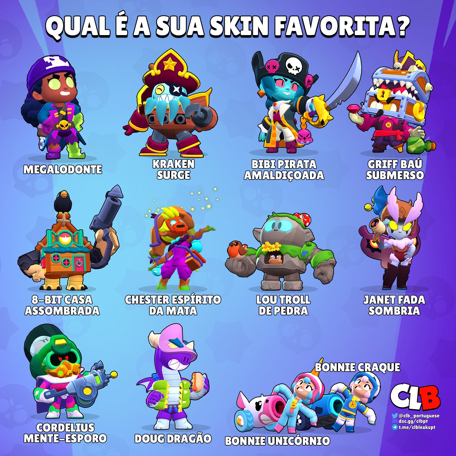 CLB Português on X: Todas as NOVAS skins nesta atualização! 🔥 Qual é a  sua skin favorita? 👇 #BrawlStars #EnchantedWoods   / X