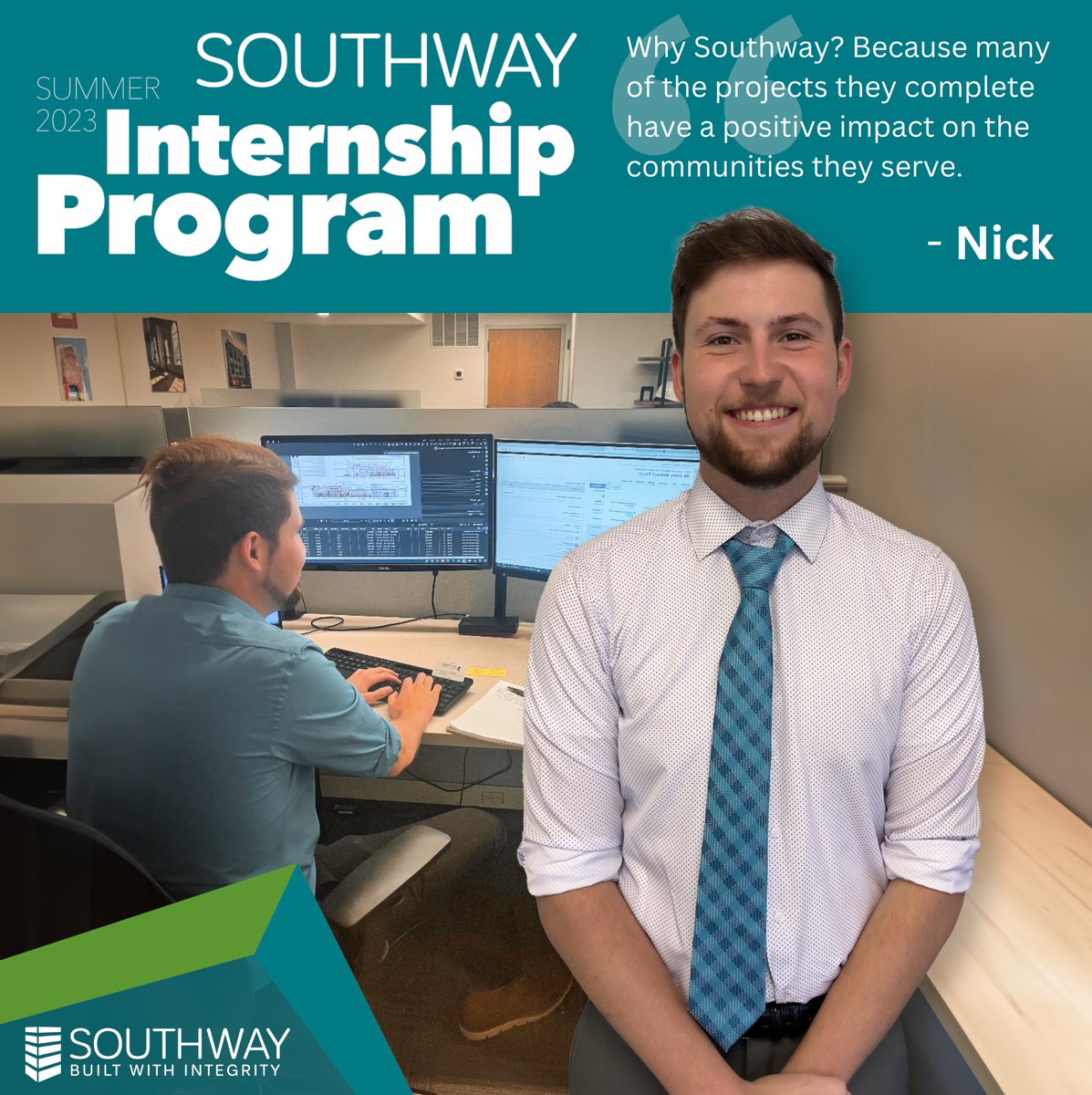 🔦 Meet Nick, our #InternSpotlight of the week! A Project Management senior at Liberty University, Nick's been honing his preconstruction skills at Southway. He loves how our projects positively impact communities. Stay tuned for more intern spotlights! #SouthwayBuilders 🏗️📚