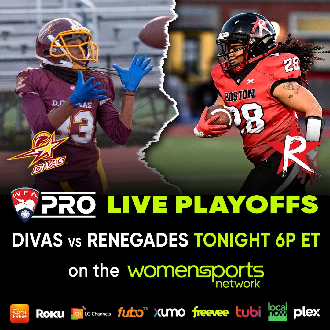 Tune in TONIGHT at 6p ET for the @WFAfootball  Playoffs LIVE on the Women's Sports Network! It's @dcdivasfootball  VS @BostonRenegades , you won't miss the action! Watch the Women's Sports Network NOW on Roku, FuboTV, XUMO, Freevee, Tubi, Vizio and more.