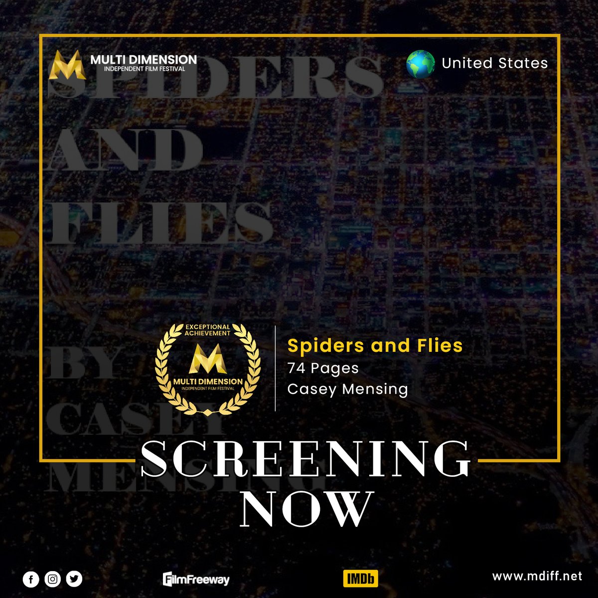 MDIFF21's tweet photo. Spiders and Flies written by Casey Mensing now screening on our website until June 30, 2023
Read now:  https://t.co/jcUcIPaa1y

Discover the full screening of #MDIFF at  https://t.co/1UYsAZViA5

Submit your project https://t.co/Hww42nM89M

#mdiff #screeningnow #unproducedscript https://t.co/dU29RJLjhb