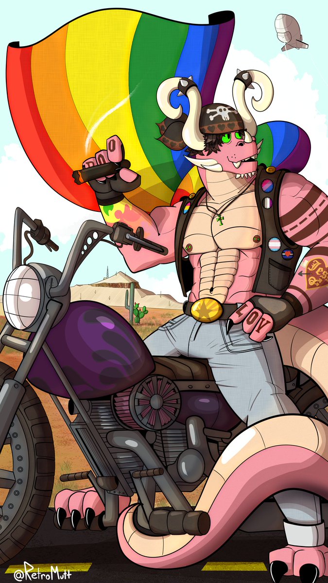 RetroMutt's tweet photo. And done! I hope everyone had a good pride month :) 
I went back to cel shading but took the time to learn how to do it better. The hatching way, while nice, just adds way to much work and was making me dread drawing.

#gayart #Pride2023 #digitalart #furry #furryart #dragon #bara https://t.co/p7wpqyHDnk