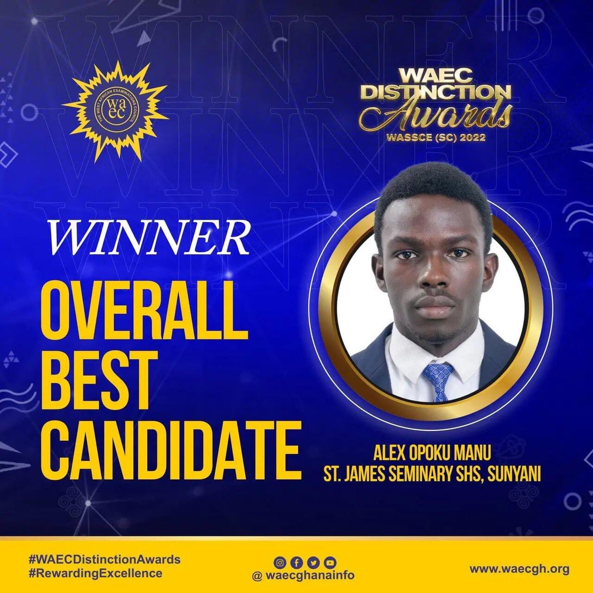 stjamesshs's tweet photo. On Thursday, 22nd June 2023 at the WAEC Distinction Awards WASSCE (SC) 2022, two of our boys were awarded the overall best candidate and the 2nd overall best candidate as well as best candidate in General Science Programme.

#WAECDistinctionAwards
#RewardingExcellence https://t.co/hRTio2AL44