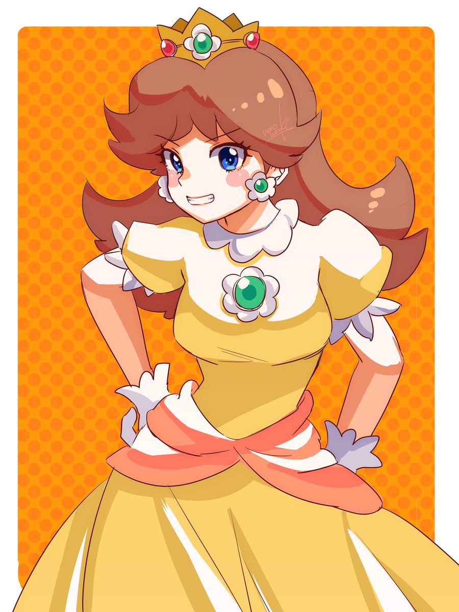 princess daisy 1girl brown hair jewelry earrings dress solo blue eyes  illustration images