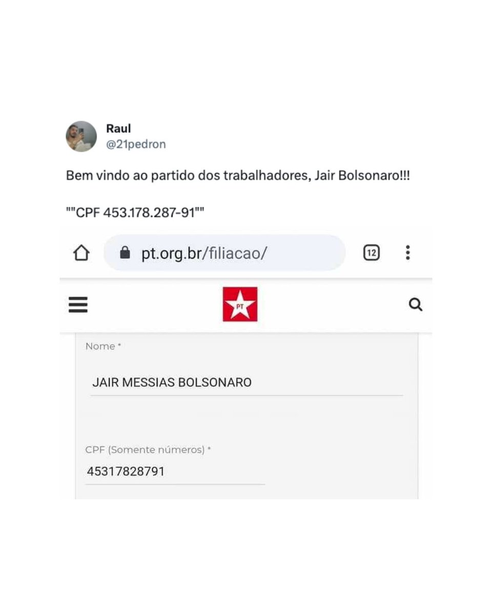 poptime's tweet photo. 🚨 AGORA: Bolsonaro é oficialmente um afiliado do Partido dos Trabalhadores (PT) após o vazamento do seu CPF. https://t.co/Jo21flVWVT