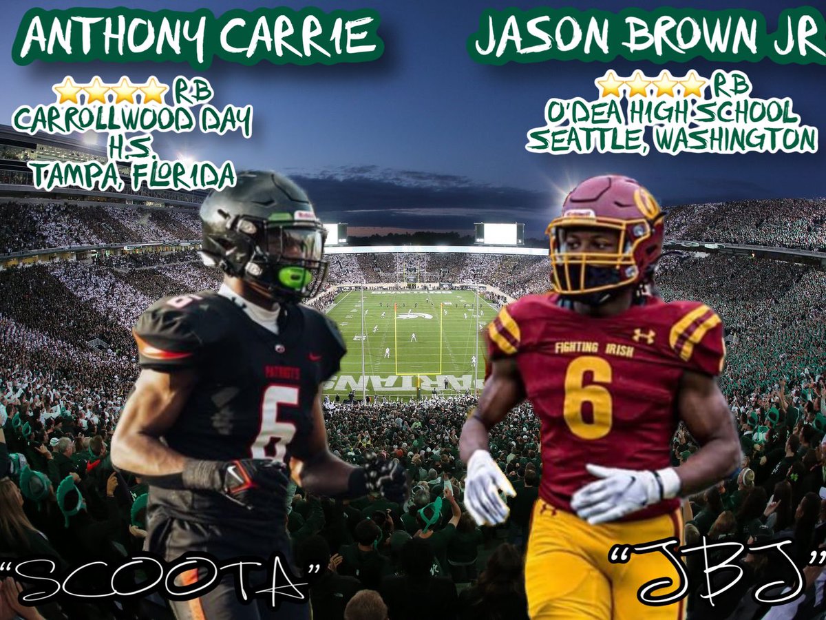 @AnthonyCarrie3 & @Jasonbrown2024 in the same backfield, with Coach Reed leading them would be LETHAL ☠️🪓

There’s room in EAST LANSING for both of you‼️💚🤍
Y’all gonna have to figure out the # situation tho🤣

You’re not just joining a team, you’re joining a family💯
#GoGREEN