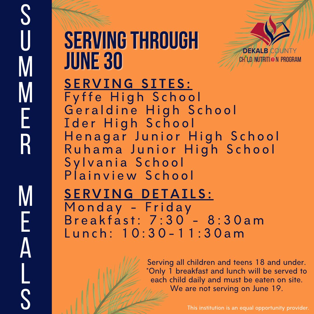 Our summer meals are one in a “melon”! 🍉 Summer meals are available to all children and teens under 18. 😊

@DeKalbCoSchools #DeKalbAL #DeKalbAlabama #DeKalb #ALSchools #DeKalbCounty