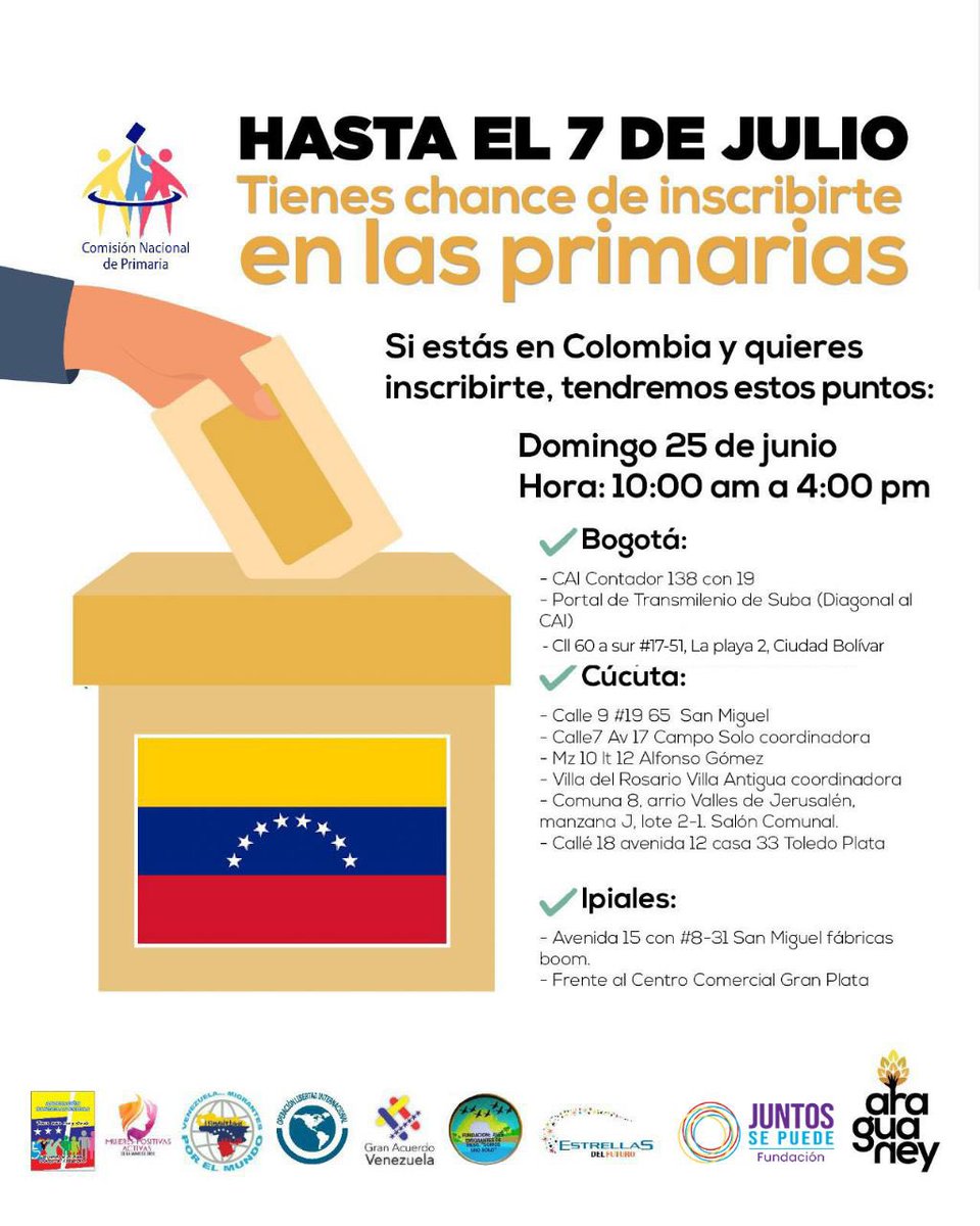 Varias ONG’S nos hemos unido para promover la inscripción de los #VenezolanosEnColombia en las primarias.

El proceso es sencillo, pero si quieres que te orientemos ACÉRCATE con tu cédula o pasaporte (venezolanos). 

¡Venezuela está, donde esté un venezolano!

#PrimariasColombia