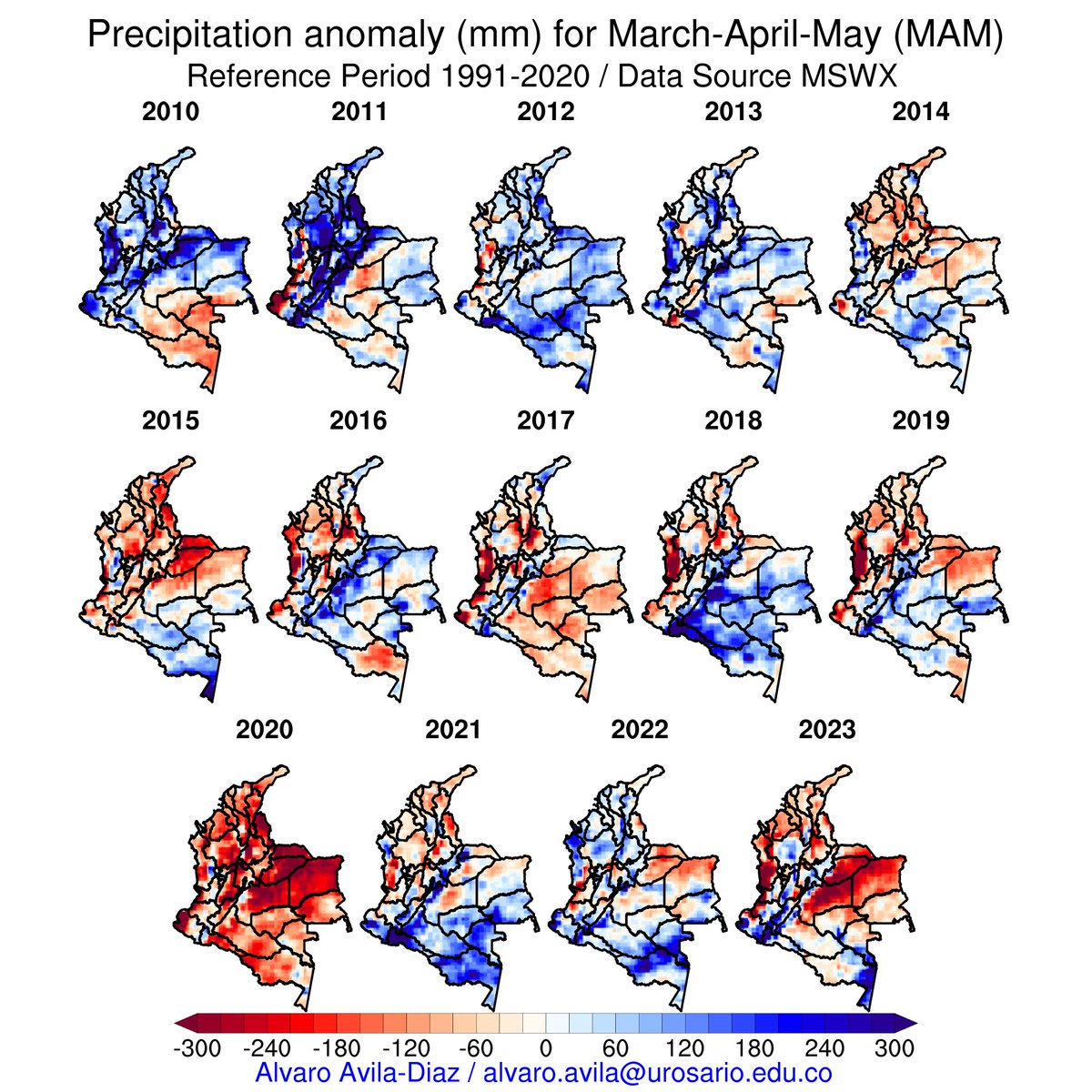 Colombia's precipitation anomaly for March-Abril-May relates to the 1991–2020 climatology reference period. #IDEAM #Precipitation #Climate #mswx #CienciasdelSistemaTierra #ClimateVariability