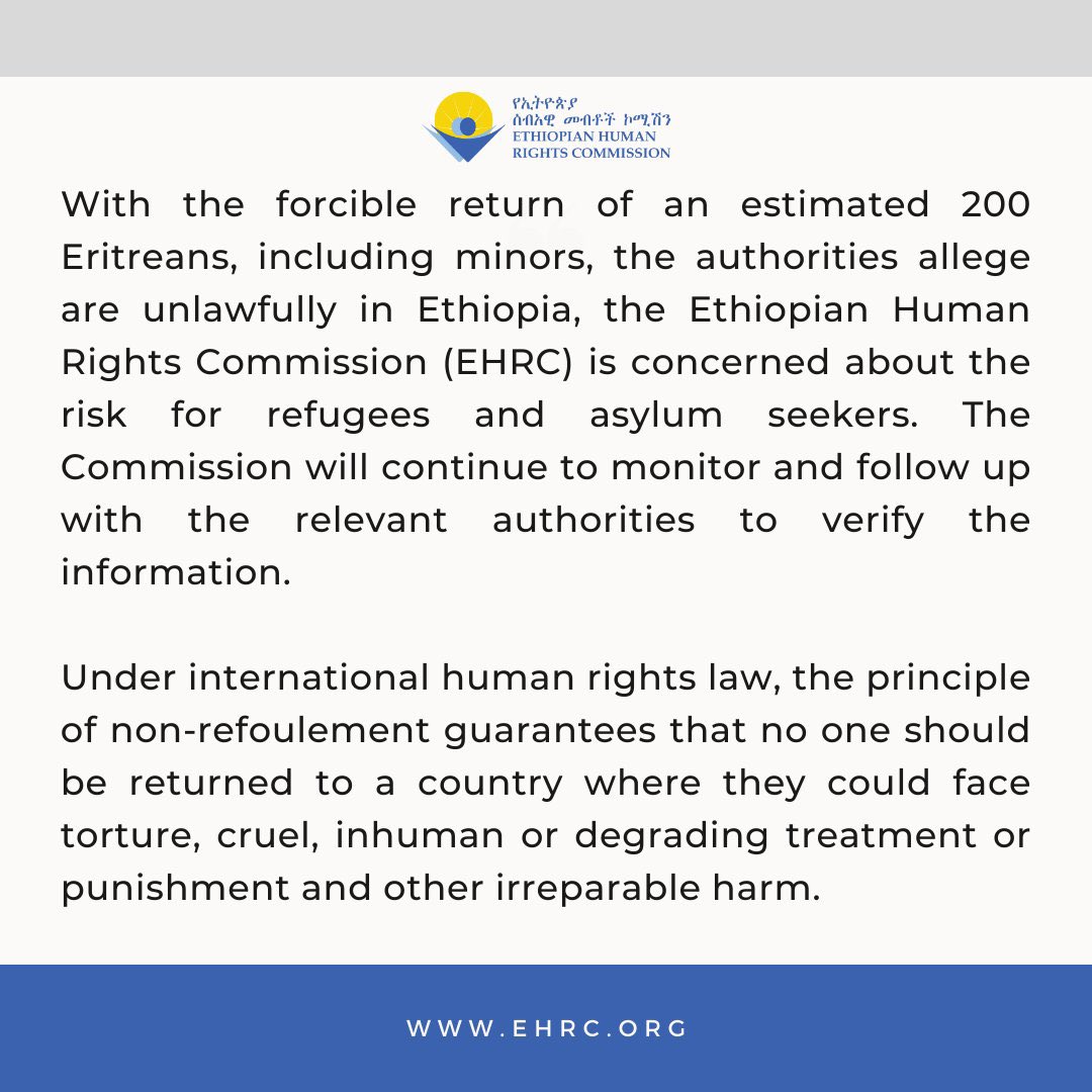 addisstandard's tweet image. #Ethiopia-#Eritrea: @EthioHRC said it is concerned about “#forcible return of an estimated 200 Eritreans, including minors” and that it will “continue to monitor and follow up with relevant authorities to verify the information.” 

The Commission’s statement came in the backdrop…