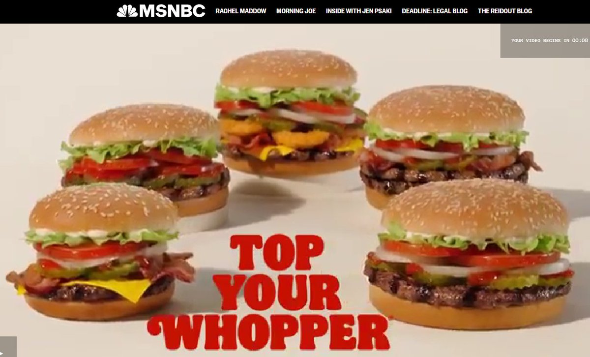 So I go to MSNBC for some kind of coverage on the events unfolding in Russia, and get hit with a giant splash page and a 60 second spot for The Burger What Was Larry King.  Thank you very much, corporatized media [redacted]fukrs. https://t.co/j4Axr1QA07