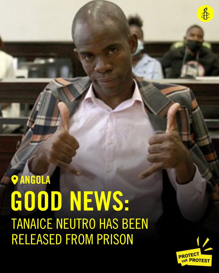 GOOD NEWS from #ANGOLA - After spending more than 500days in prison, accused of insulting the President of Angolan, activist & musician, Tainace Neutro, has now been released.  #ProtectTheProtest #ChallengingInjustice #FreedomOfSpeech #Music