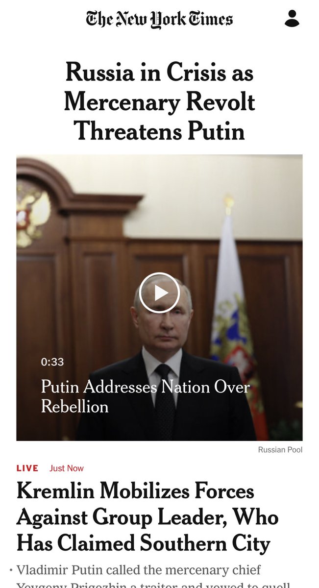“Russia in Crisis as Mercenary Revolt Threatens Putin” The gravest crisis — and threat to his power — since Putin took over in 1999. nytimes.com/live/2023/06/2…