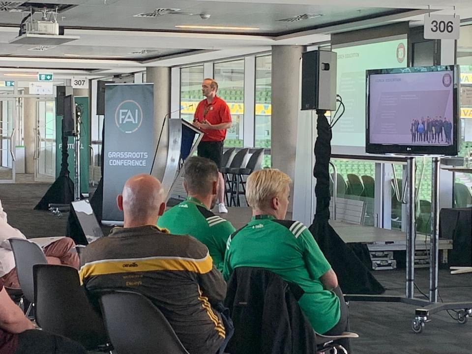 Top class from Henry Healy presenting on the @MoneygallFC FAI Club Mark One star award journey in the @AVIVAStadium  for the @FAIreland grassroots conference 👏☘️⚽️

#TeamGrassroots