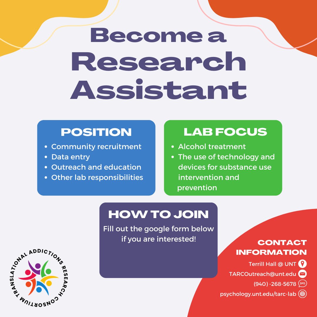 The TARC Lab is currently looking to add a few new members to the team! If you are interested in becoming a research assistant with us, please fill out the form below!
forms.gle/qeZZmhnJbUU1B5…

#psychology #substanceuse #research #researchassistant #UNT #tarclab