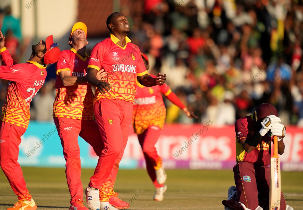 Zimbabwe pace bowler Tendai Chatara (forefront), with men-of-the-moment Sean Williams and Sikandar Raza behind him, celebrate the Chevrons' 35-run win over West Indies on Saturday. #ZIMvWI #CWC23