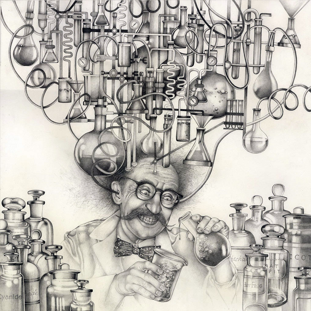 Mr Pugh “in the hissing laboratory of his wishes” A #drawing from my #Undermilkwood exhibition for @LlantarnamGrnge 2024. @DTCSwansea @DylanThomas_100 @dylanthomasnews #BookTwitter #illustrationart The newsletter will be out soon, still time to join at bhhawkins.com/undermilkwood