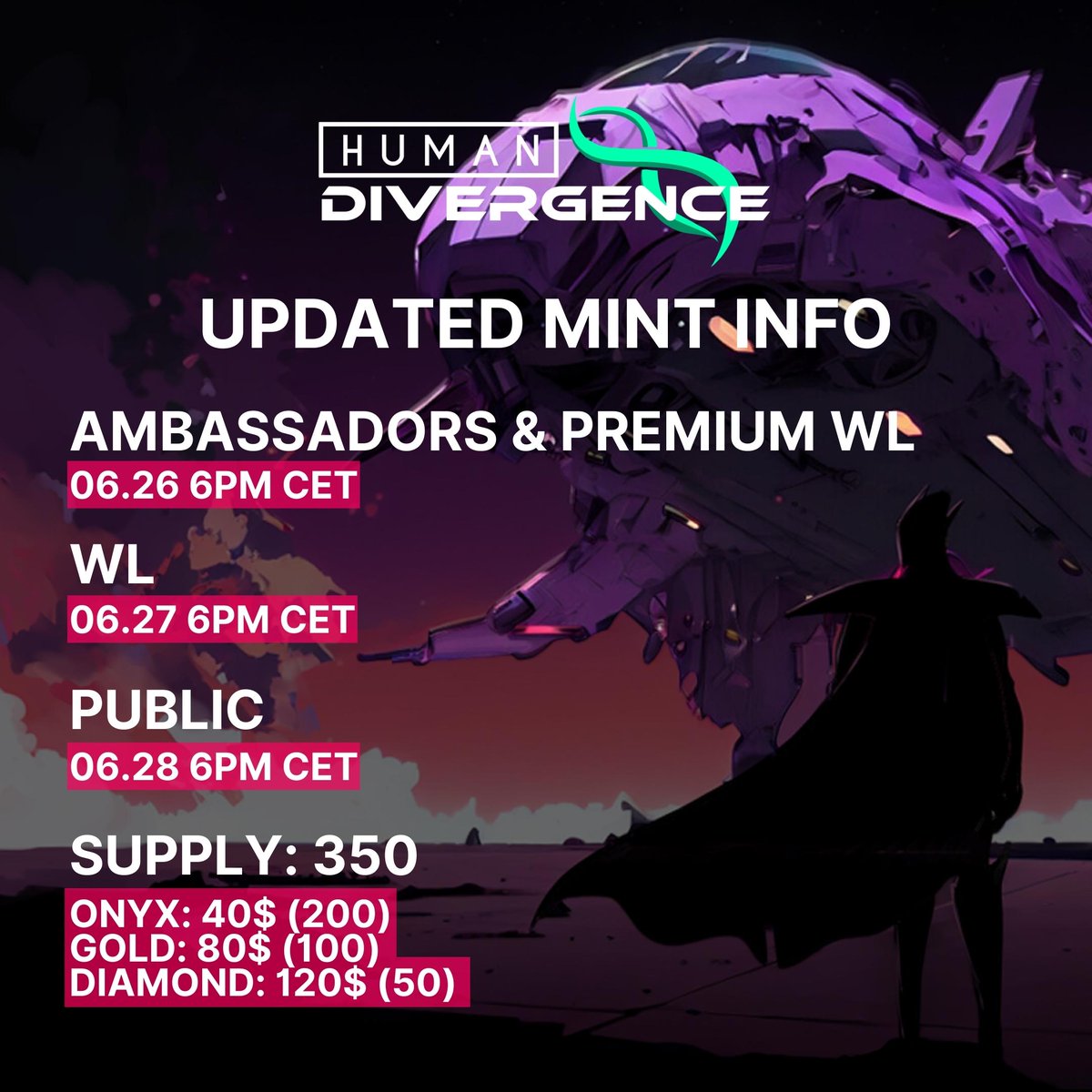 🚨IMPORTANT MINT UPDATE 🚨

We've listened to our community &amp; took action to create a more exclusive collection &amp; preserve the value &amp; scarcity of genesis #NFT Divergents.

✅ Supply reduced to 350 (instead of 1200).
✅⚠️ All mint phases are postponed by 1 day, with Ambassadors