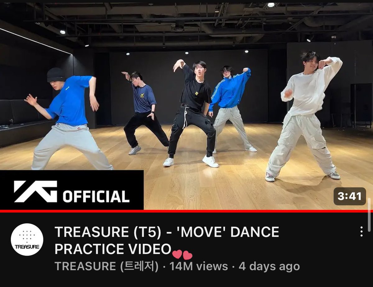 matetsushi's tweet photo. 'MOVE' Dance Practice Video just 
hits 14 MILLION VIEWS!!! 😭🎉

My Choice for Billboard Hot Trending Songs is #MOVE  by #T5 #TREASURE 
@treasuremembers https://t.co/EJgAY0QkDP