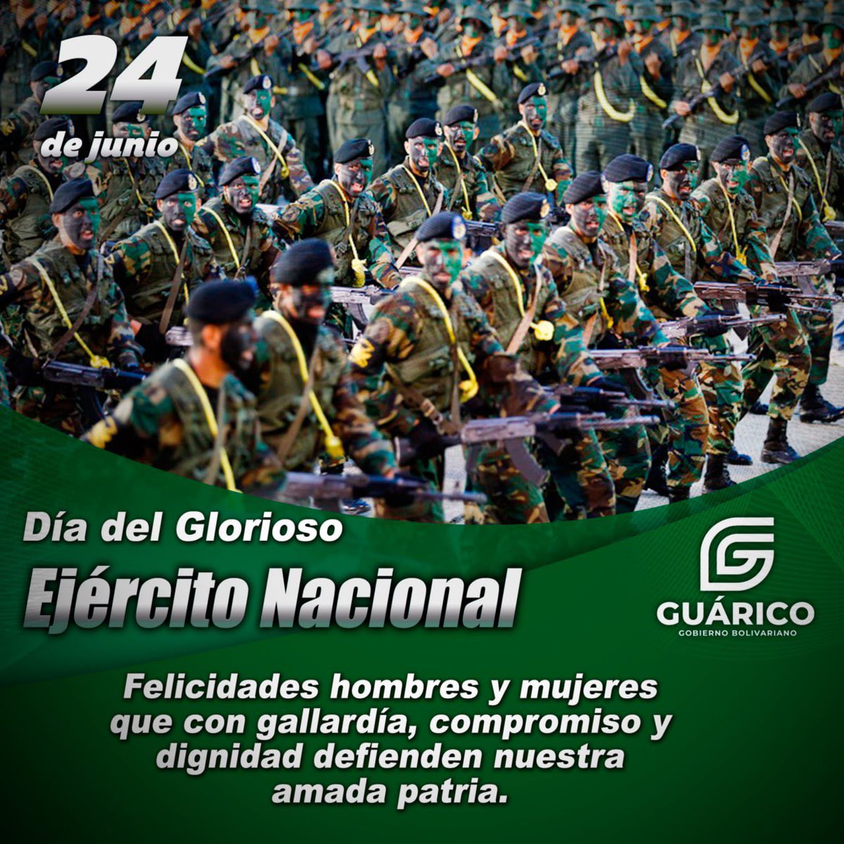 Hoy felicitamos a los hombres y mujeres que forman parte de las filas de nuestro glorioso Ejército Nacional, patriotas que con gallardía, compromiso y dignidad defienden las banderas de la libertad. ¡Que viva el Ejército Bolivariano!