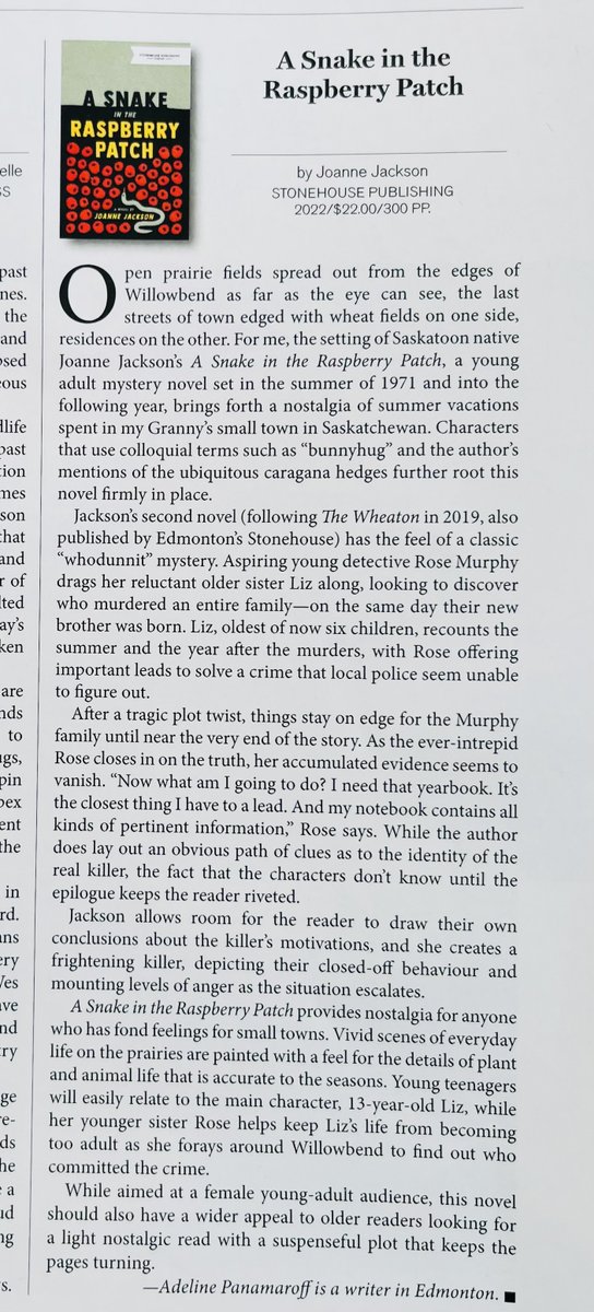 A great review of Joanne Jackson's award winning novel 'A Snake in the Raspberry Patch,'  in Alberta Views summer edition. Thanks so much to Alberta Views and Adeline Panamaroff! Buy this fabulous novel from Stonehouse at: stonehousepublishing.ca/store/a-snake-… <a href="/albertaviews/">Alberta Views</a>