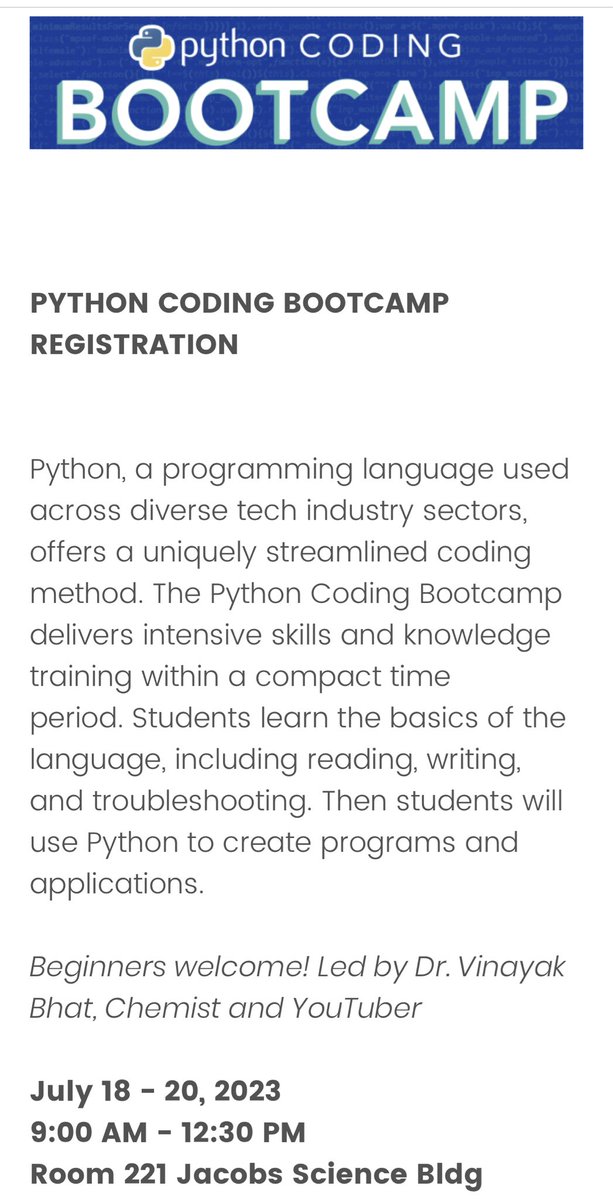 Free coding camp opportunity for students near Lexington, July 18-20. Registration link: bit.ly/3XBac4h