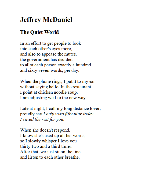 breakwaterwink's tweet photo. This 600 tweets a day nonsense dredged up Jeffrey McDaniel's poem The Quiet World which even now continues to haunt me. #TwitterLimits #Only600 https://t.co/FLQGraqJPh