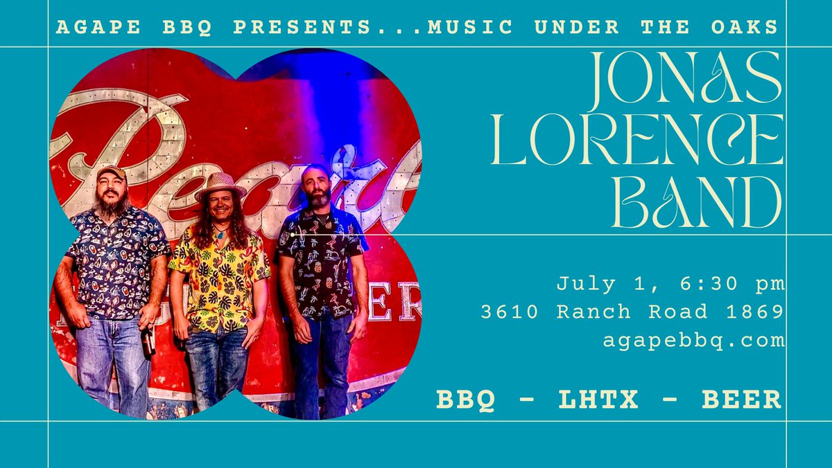 AgapeBbq's tweet photo. Are you not here yet? What are you waiting for? 😱 Music Under The Oaks with Jonas Lorence Band - The Jonas Lorence Band is a high energy guitar driven trio with a casual beach vibe. Come out and enjoy some tropical sounds!       ... https://t.co/6CF1i2gypV