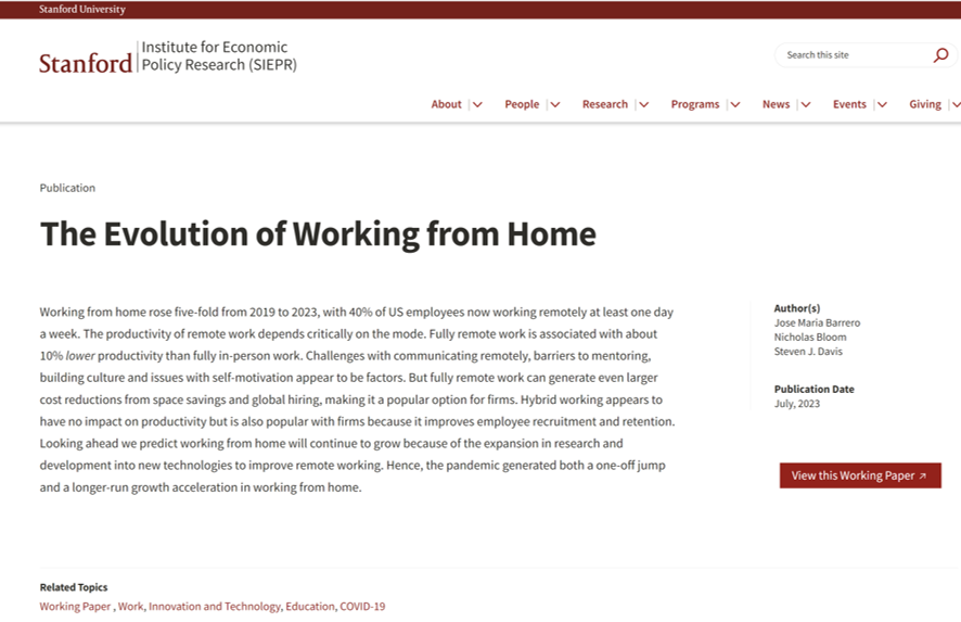 New Stanford paper on working from home stanford.io/3JHqfrQ

Some key points:
1) WFH is up 500% since 2019 
2) Fully-remote is much cheaper, but can lower productivity
3) Hybrid improves retention, with no productivity loss
4) WFH will keep growing as technology improves