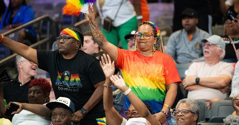 AtlantaDream's tweet photo. “We give people an opportunity to be themselves, to be free.” @coachtwright_ on #Pride Night the Dream’s fifth sell-out game of the season. #WNBAPride #NBAPride