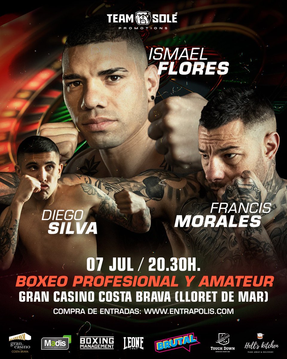 Mai0006's tweet photo. El 7 de julio gran evento del Team Solé en @GranCasinoCB Lloret de Mar. Ismael Flores, Francis Morales y Diego Silva. El mejor boxeo amateur y dos combates de Grappling. No te lo pierdas! @EmilMarquiegui @MBerdonce @UgarteJaime @ringsider2020 @EljarratAlberto https://t.co/oVBKluBcxw