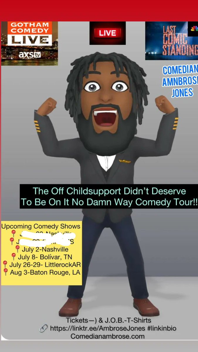 👀👀Up Comedy Shows

📍July 2-Nashville 
📍July 8- Bolívar, TN
📍July 26-29- LittlerockAR
📍Aug 3-Baton Rouge, LA

🎟️ Tickets—) &amp; J.O.B.-T-Shirts
🔗 linktr.ee/AmbroseJones