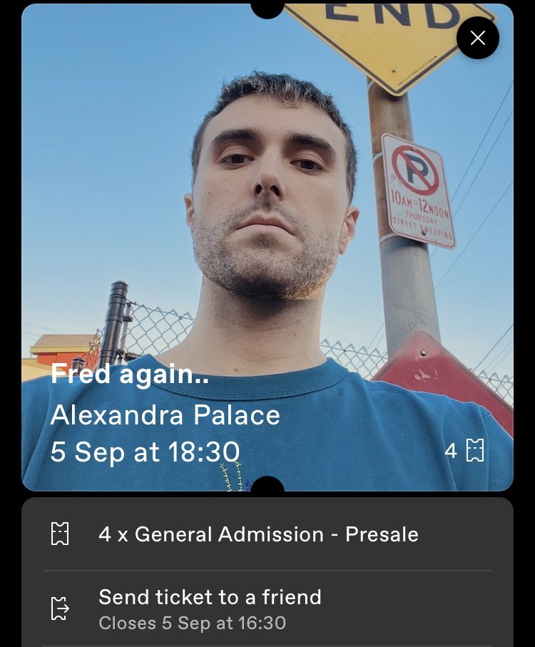 shortsam96's tweet photo. Selling 4x Fred Again tickets - Tuesday 5th September. I Have tickets for another date instead https://t.co/bH75HdCsp0