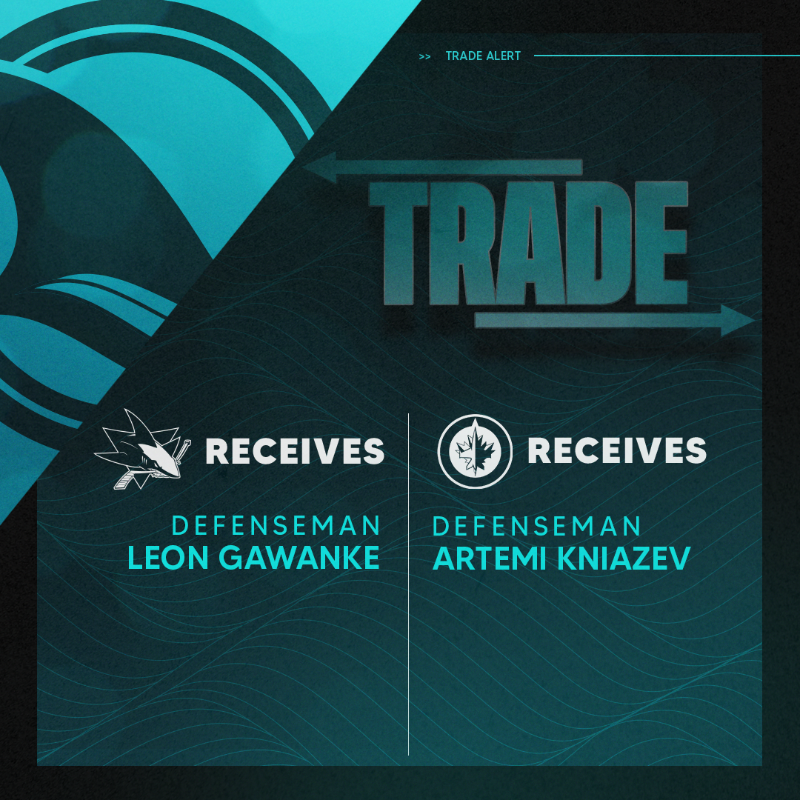 SanJoseSharks's tweet photo. #SJSharks acquire prospect defenseman Leon Gawanke from the Winnipeg Jets in exchange for defenseman Artemi Kniazev.
