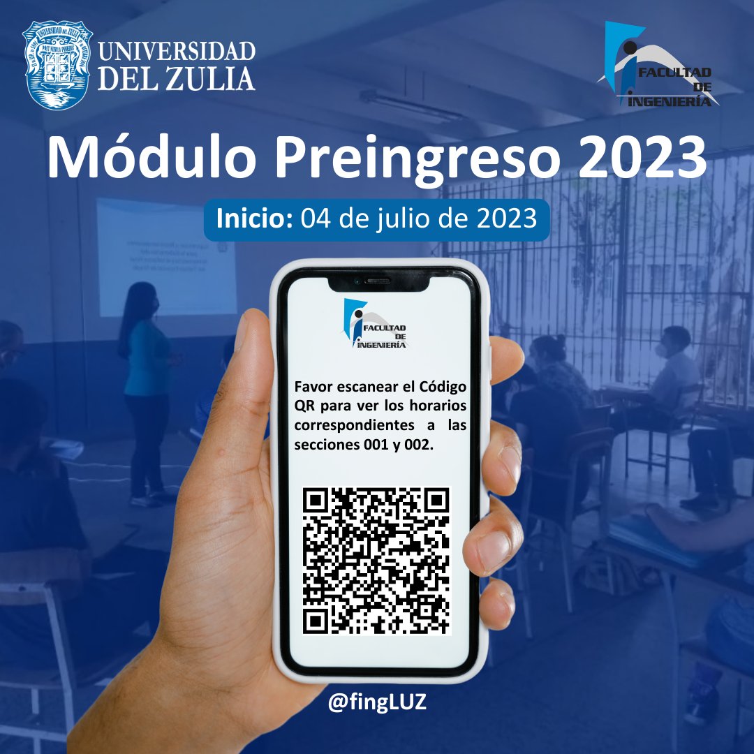 �¡Atención, estudiantes de nuevo ingreso 2-2023! 

✨ Les informamos que el módulo preingreso 2023 de <a href="/fingluz/">Facultad de Ingeniería LUZ</a> dará inicio el martes 04 de julio de 2023. �Para verificar si estás inscrito en el módulo preingreso, te invitamos a escanear el código QR del Flyer.