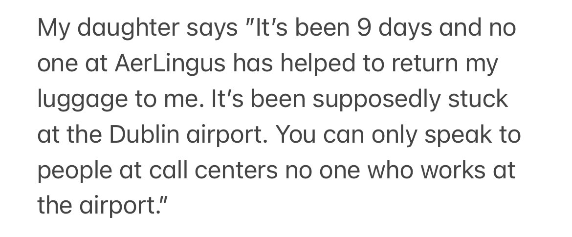IngridGS12's tweet photo. @AerLingus 9 days and my daughter still does not have her luggage from her LHR to DUB to MCO flight #dobetter #badservice #badexperience #unacceptable #stillnoresolution https://t.co/n5gcipVqe4