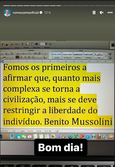slpng_giants_pt's tweet photo. 📢INACREDITÁVEL: Governador de Minas Gerais compartilha em seu stories com "bom dia" citação de Benito Mussolini

Não há nem o que falar. https://t.co/YEmTzgbyky