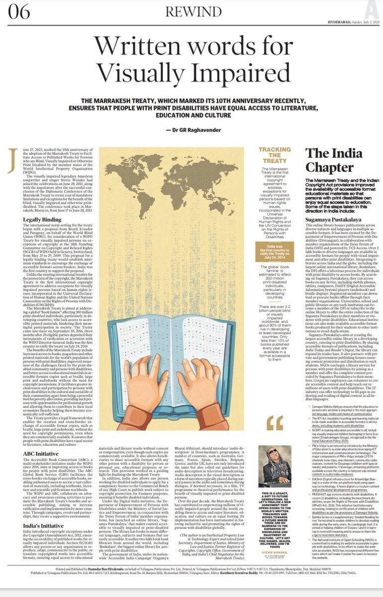 My article has been published in #TelanganaToday, Hyderabad-based Daily (Sunday Edition, 2nd July) on the occasion of the #10thAnniversary of the #WIPO's  #MarrakeshTreaty to Facilitate Access to Published Works for Persons who are Blind, Visually Impaired or Otherwise, 2013.