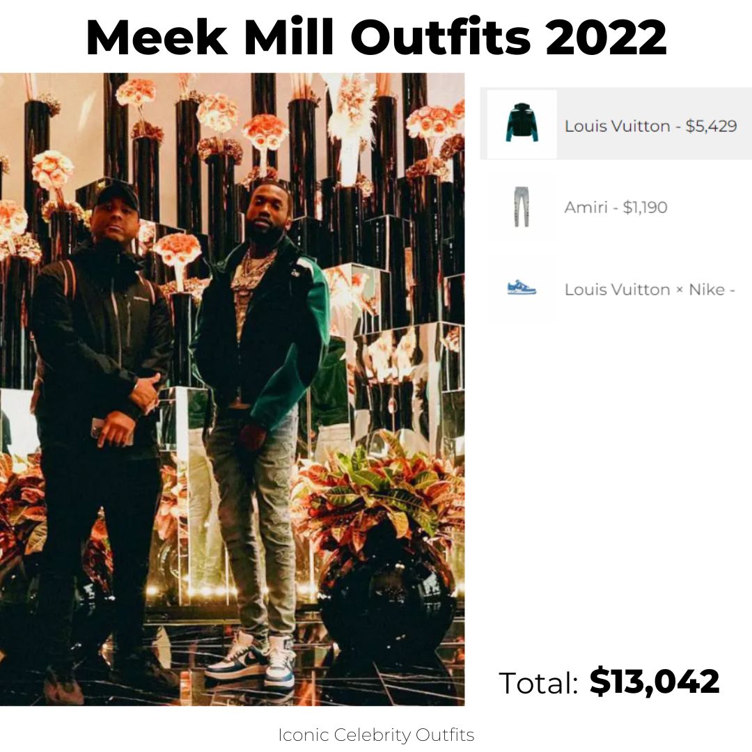 IconicCelebrityOutfits on X: Dress like Meek Mill in the LV Varsity Jacket  with Amiri Camo Bones Jeans and LV × Nike Blue Air Force 1 👉   Brands: #Amiri #LouisVuitton #Nike Items: #