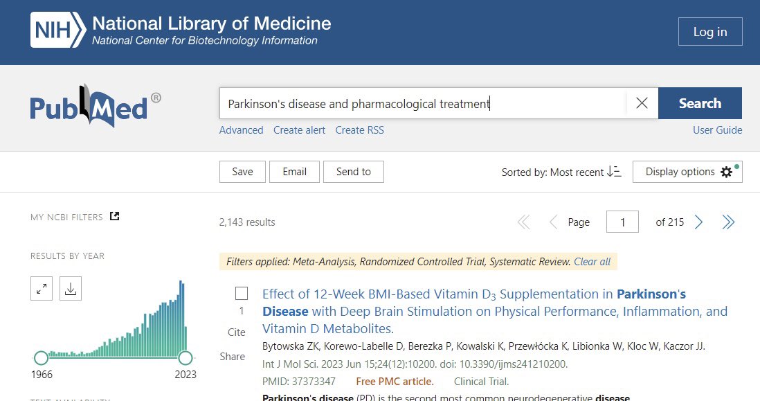 Guía paso a paso para buscar en PubMed utilizando los términos MeSH "Parkinson's disease" y "Pharmacological Treatment": un ejemplo
 
1.        Accede a la página web de PubMed. Puedes visitarla en la siguiente dirección: pubmed.ncbi.nlm.nih.gov

2.       En la barra de búsqueda