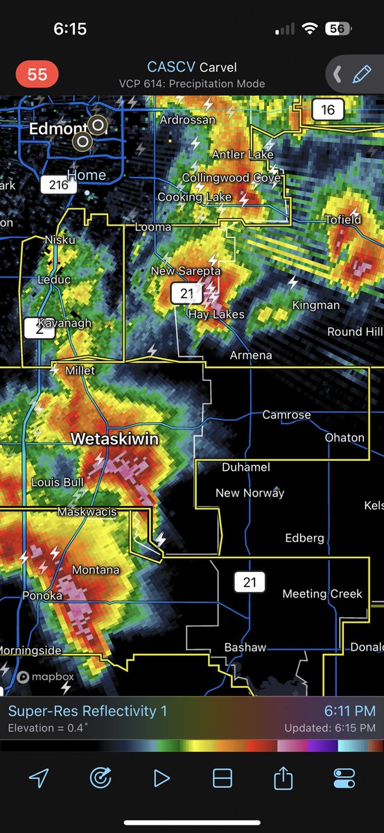 's tweet image. Camrose in the path or 2 severe storms headed towards the town #ABstorm