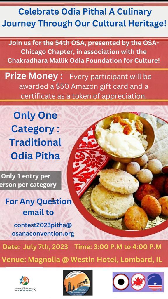 Celebrate Odia Pitha! A culinary journey through our cultural heritage

Join us for the 54th OSA Convention, presented by the OSA-Chicago Chapter in association with the chakradhara mallik odia foundation for culture!

Every participant will be awarded a $50 Amazon gift card