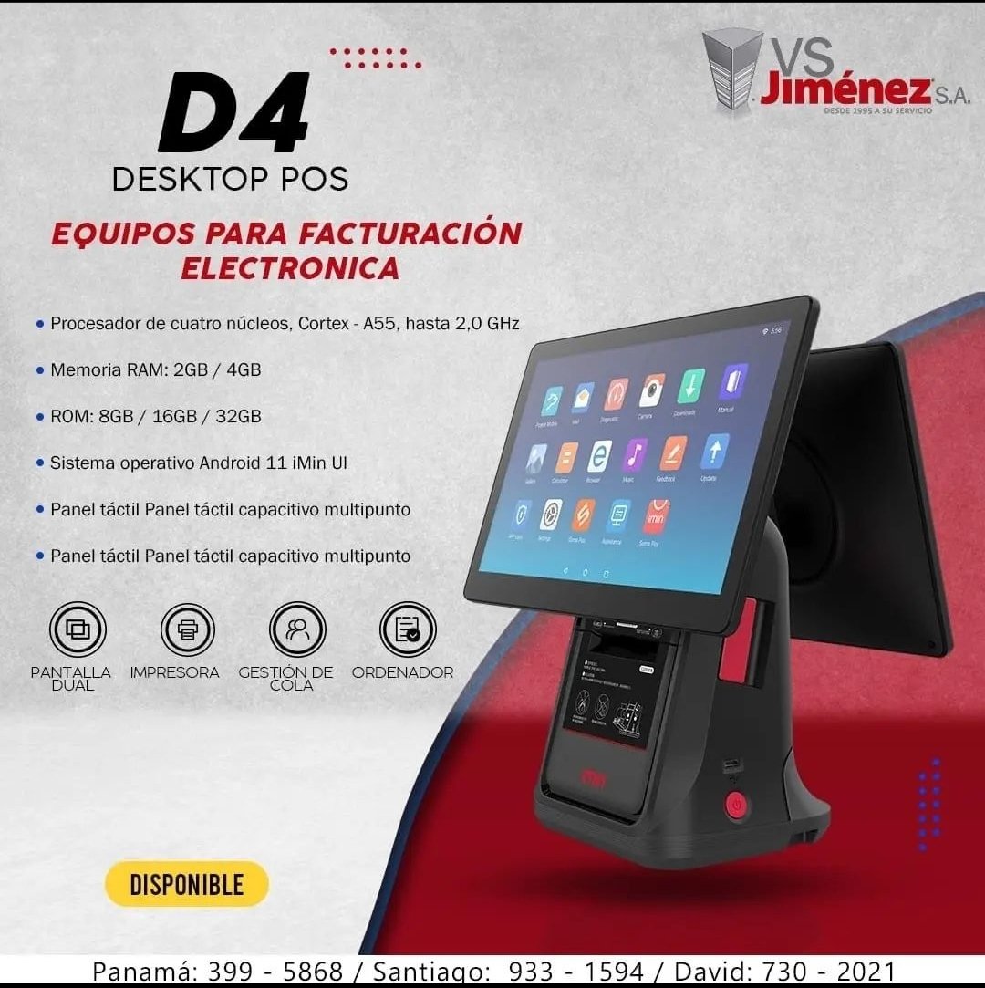 vsjimenezpty's tweet image. D4 Desktop post, equipo de facturación electrónica con: 

🔥Pantalla Dual
🔥Impresora
🔥Gestión de cola
🔥Ordenador y mucho más! 

Teléfono: (507) 3995868
WhatsApp: (507) 62383808 

#SomosTuRespaldo #facturaelectronica #impresorasfiscales #DGI #solucionespos #panama #pty