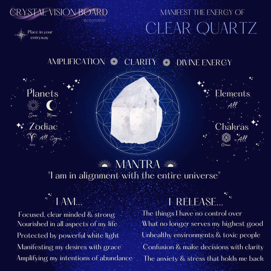 Crystal Vision Board: Clear Quartz 
Use as a guide to learn & connect with the healing energy of a master healer Clear Quartz. Includes powerful affirmations to speak out loud.

#crystals #crystalhealing #crystalshop #healinggems #selfcare #crystalknowledge #affirmations