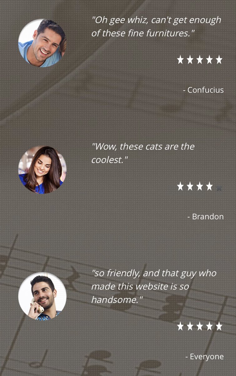 brookgirkin's tweet photo. My girlfriend’s brother, Brandon, runs their dad’s furniture store website. These are the ‘reviews’ he included on the website homepage. https://t.co/DvZGdZfoP7