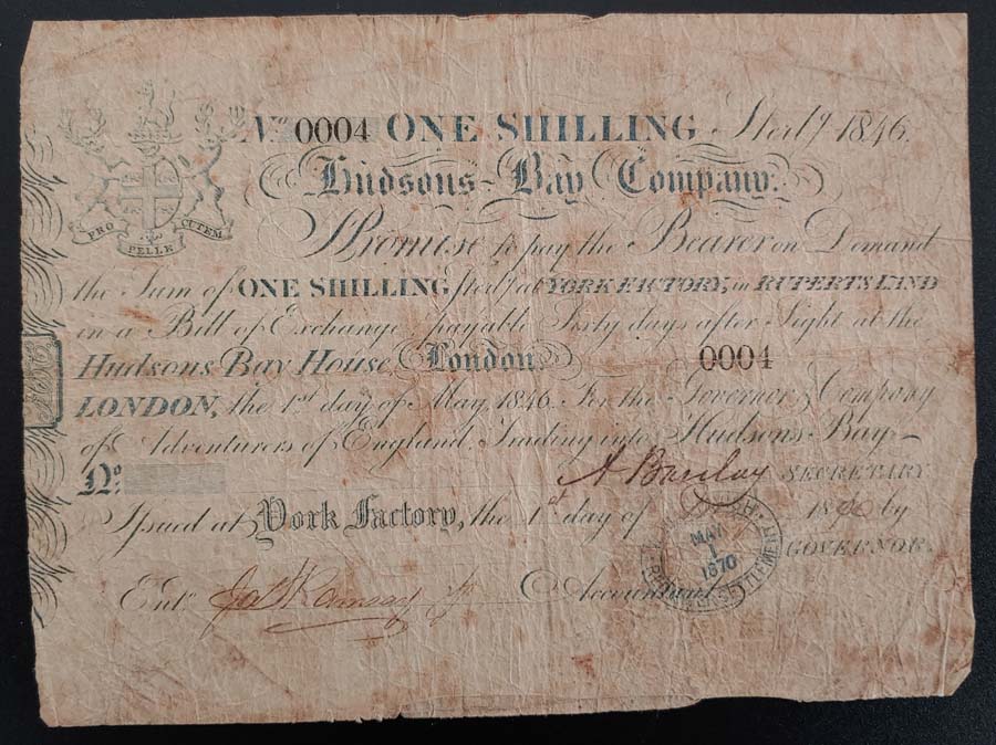 AllNations1949's tweet image. HBC York Factory notes: Realized $1,650 in our auction today Lot 127 York Factory VG 1 May 1846/70 signed Shilling Note #0004
allnationsstampandcoin.com/auction-this-w… #HBCPromissoryNotes #YorkFactory