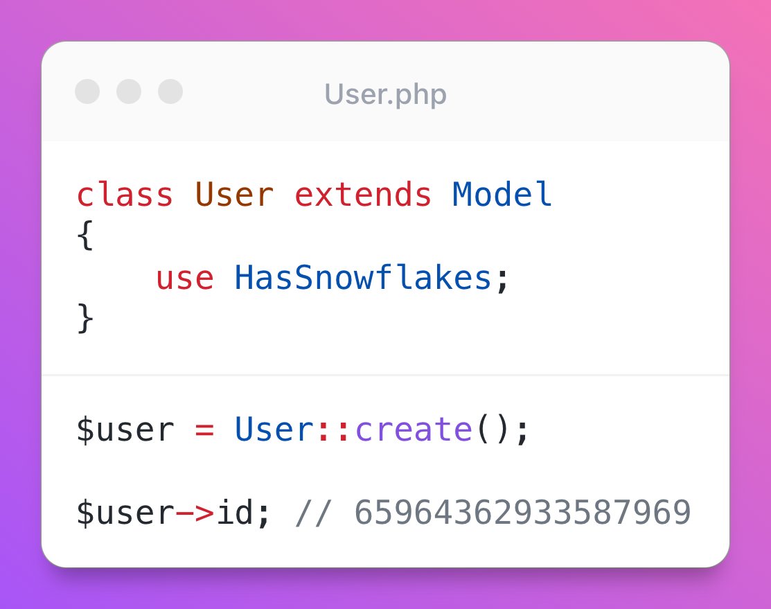 inxilpro's tweet image. Like the idea of UUIDs in #Laravel models, but hate the giant, hyphen-separated strings?
I'm about to release a new implementation of Snowflake IDs that give you globally-unique, ordered, numeric IDs. (Same as what Twitter and Discord use.)