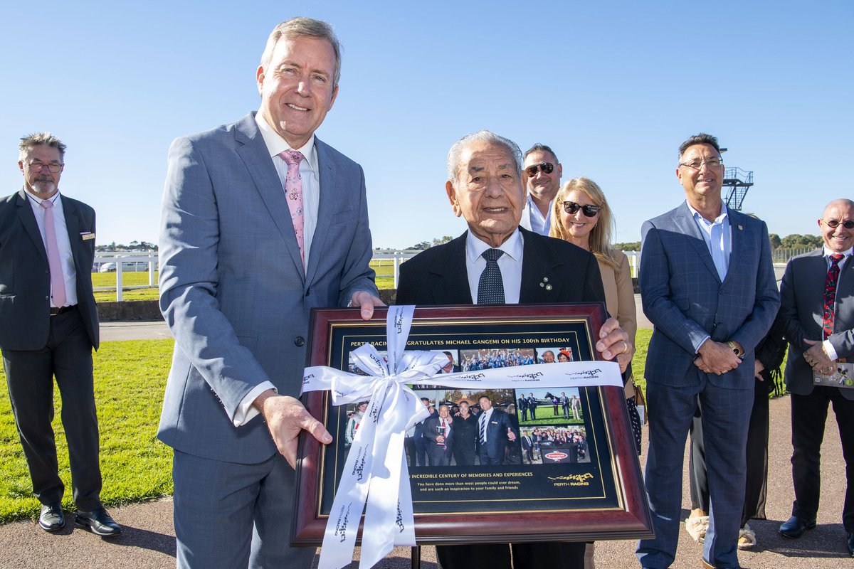 100 and still a thoroughly impressive figure on the track! Congratulations Michael Gangemi on your 100th birthday. Mick has made a remarkable contribution to WA racing, including launching the Roma Cup. @PerthRacing